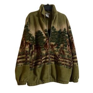 Blair Mens Fleece Jacket with Pockets Green Brown Trees Deer Woods Size Small